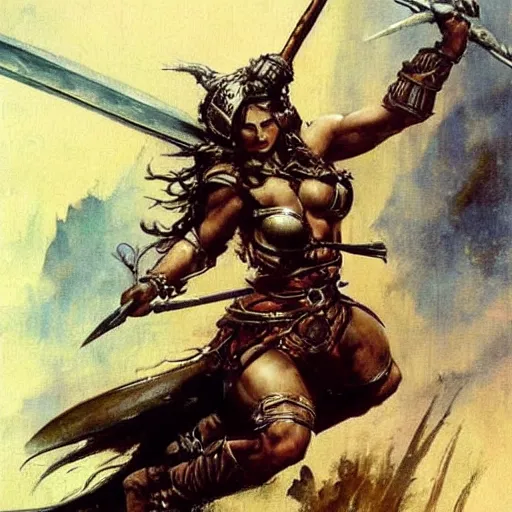 Prompt: fantasy painting by Frank Frazetta portraying a female warrior in armor,wielding a spear,high quality,beautiful,detailed