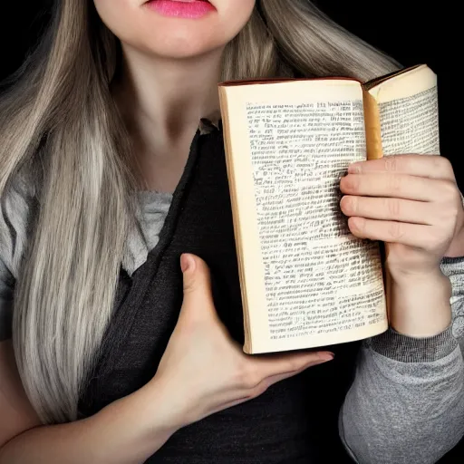 Image similar to terrified woman holding a book with monster hands coming from it, horror high quality DSLR photography