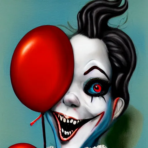 Prompt: grunge cartoon painting of margot robbie with a wide smile and a red balloon by chris leib, loony toons style, pennywise style, corpse bride style, horror theme, detailed, elegant, intricate