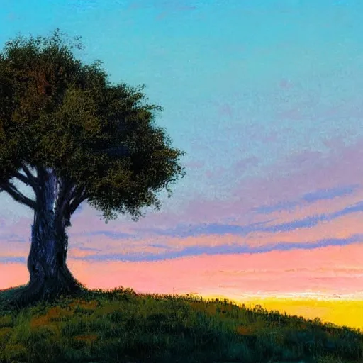 Image similar to a large-dead-oak atop a hill with a bright-sunset behind it by bob ross