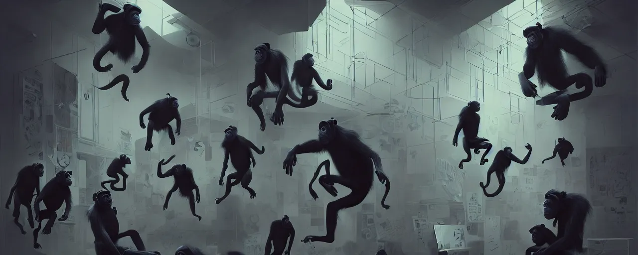 Image similar to duotone noir concept illustration of group wild and crazy chimps ruining inside of office rooms, octane render, concept hideo kojima surreal atmosphere, volumentric lighting. cosmic horror. accidental renaissance. by sachin teng and sergey kolesov and ruan jia and heng z. graffiti art, scifi, fantasy, hyper detailed. trending on artstation