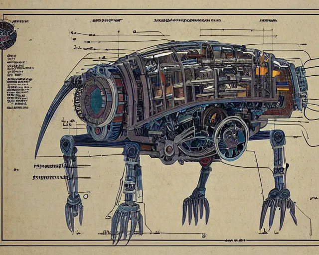 Prompt: a full page of a mechanical blueprint showing a design for a mechanized sloth from howl's moving castle ( 2 0 0 4 ), with a big head, muted colors, post grunge, studio ghibli, hq,