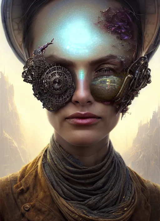 Prompt: closeup portrait shot of a glitched woman wearing a bandana in a scenic dystopian environment, intricate, elegant, highly detailed, centered, digital painting, artstation, concept art, smooth, sharp focus, illustration, artgerm, tomasz alen kopera, peter mohrbacher, donato giancola, joseph christian leyendecker, wlop, boris vallejo