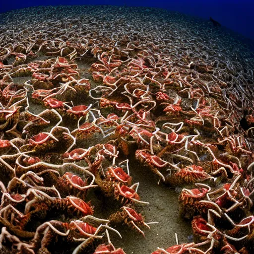 Image similar to mice riding on crabs during the Christmas Island great red crab migration, national geographic photography,