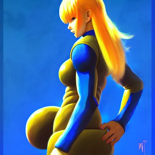 Image similar to portrait of Zero Suit Samus, medium shot, asymmetrical, profile picture, Organic Painting, sunny day, Matte Painting, bold shapes, hard edges, street art, trending on artstation, by Greg Manchess and Huang Guangjian and Loish and Gil Elvgren and Sachin Teng