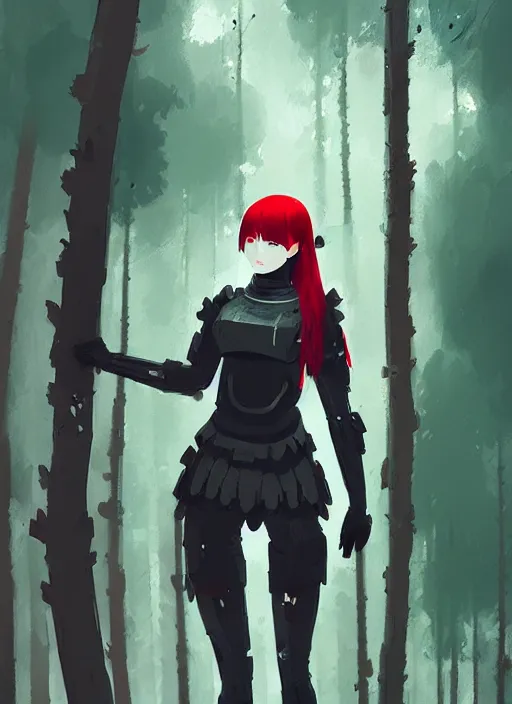 Image similar to red haired japanese girl in light black armor, midfigure front, grey forest background, by ismail inceoglu