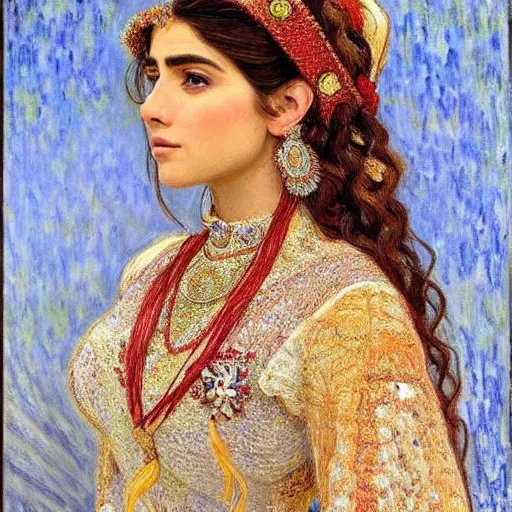 Image similar to full body portrait of a beautiful Kurdish bride wearing a beautiful wedding dress, very detailed eyes, hyperrealistic, beautiful and symmetrical face, very detailed painting by Claude Monet and Alphonse Mucha, ornate, trending on artstation, extremely high detail, incredibly intricate