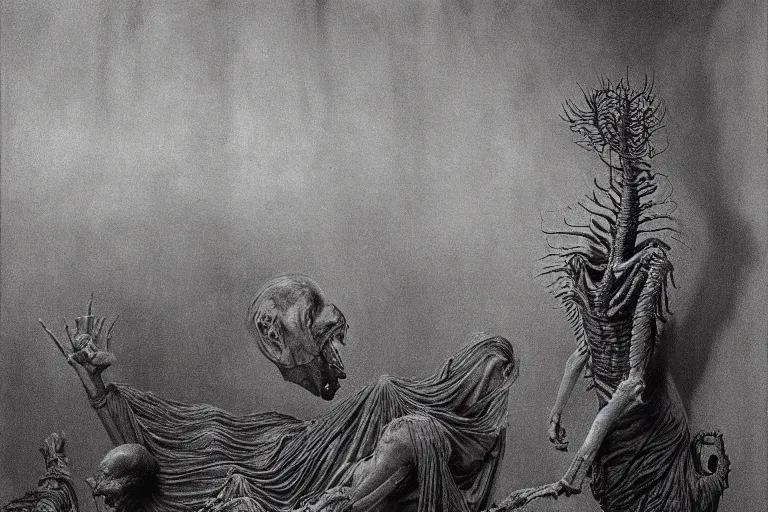 Image similar to beautiful hellish creature of scary doom master renaissance painting photorealism 8k high detail Sigma 85 mm f 1.4 Studio Light Studio Ghibli by zdzisław beksiński and h.r. giger