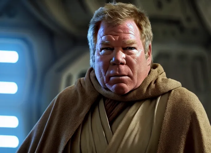 Prompt: william shatner as luke skywalker, bearded and wearing a robe, in star wars : the force awakens ( 2 0 1 5 ). movie still