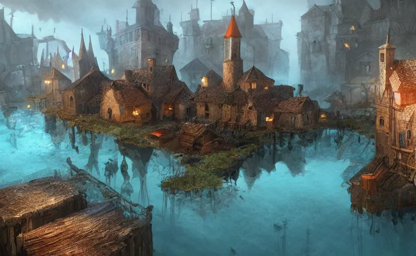 Image similar to medieval village submerged underwater, concept art, unreal engine, fantastic colors