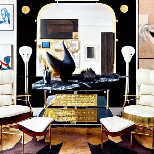 Prompt: mid century modern american life style living room interior by kelly wearstler, super crazy, maximum devil, marble, black velvet, brass, mirror, glare, reflexes, animal skins, art, luxury, hyper realism, ultra detailed