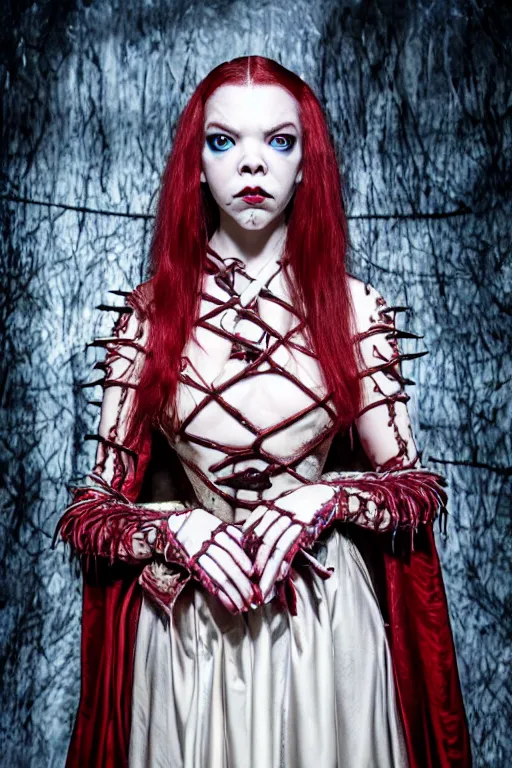Image similar to dressed anya taylor - joy, a sinister demonic queen of cenobites, symmetrical, cinematic, elegant, demonic atmosphere, professional studio light, real dlsr photography, sharp focus, costume made by clive barker, real rotten flesh and blood, 4 k, ultra hd, sense of awe