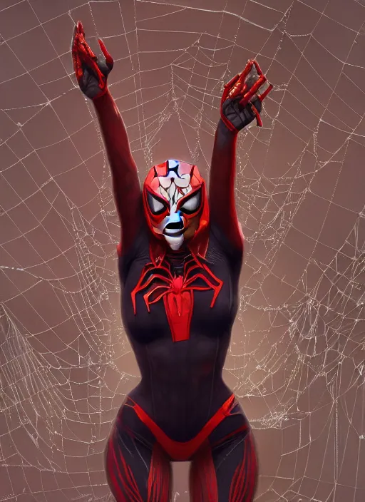 Image similar to spiderwoman covered with spider webs, hyper detailed, digital art, trending in artstation, cinematic lighting, studio quality, smooth render, unreal engine 5 rendered, octane rendered, art style by klimt and nixeu and ian sprigger and wlop and krenz cushart