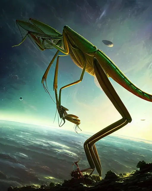 Image similar to a giant praying mantis in space eats planet, photo realistic, epic composition, epic light, high details by greg rutkowski and mark marc simonetti