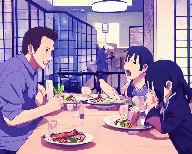 Image similar to harry kane and son heung-min eating dinner at a restaurant, slice of life anime, lighting, anime scenery by Makoto shinkai