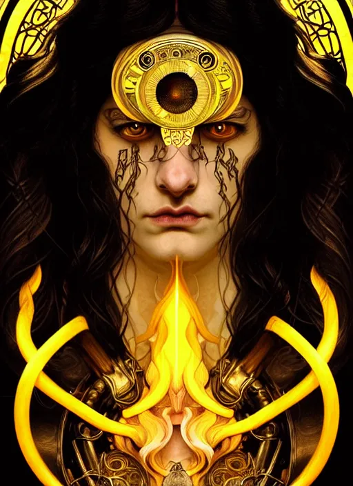 Image similar to portrait of god ares, long black hair, glowing eyes, volumetric lights, fire background, art nouveau botanicals, yellow scheme, gothic, intricate, highly detailed, digital painting, artstation, concept art, smooth, sharp focus, symmetric face, illustration, steampunk, art by artgerm and greg rutkowski and alphonse mucha