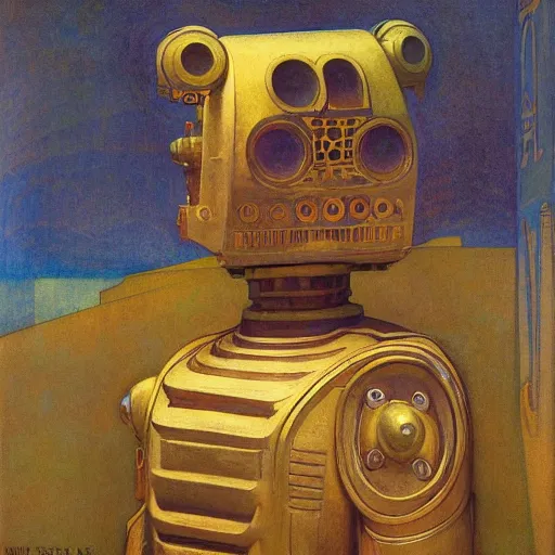 Image similar to the robot wearing her human mask, by jessie willcox smith and donato giancola and nicholas roerich, symbolist, dramatic lighting, elaborate geometric ornament, art brut, god rays, soft cool colors, smooth, sharp focus, extremely detailed