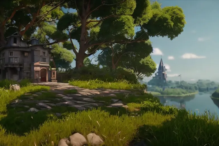 Image similar to game trailer of a semi realistic first person studio ghibli, pixar and disney animation, sharp, shooter game trailer on victorian castle, castle landscape, cinematic lighting, ray tracing, unreal engine 5, photorealistic