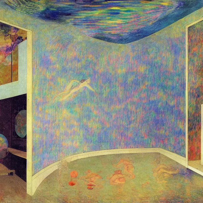 Image similar to interior of a house flooded. aurora borealis. iridescent, psychedelic colors. painting by balthus, piero della francesca, agnes pelton, utamaro, monet
