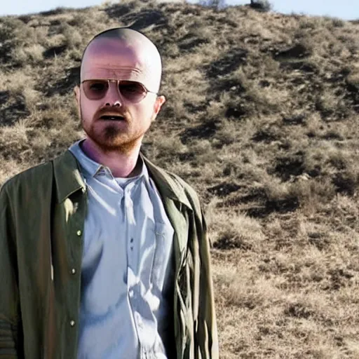 Image similar to Live Action Still of Aaron Paul dressed as and playing Walter White in Breaking Bad, real life, hyperrealistic, ultra realistic, realistic, highly detailed, epic, HD quality, 8k resolution, body and headshot, film still