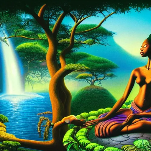 Prompt: an african queen with a green glow meditating in an african zen garden with a baobab tree at sunset with a waterfall in the distance, by alex grey and thomas kinkade and thomas blackshear, oil on canvas, highly detailed, synthwave color scheme