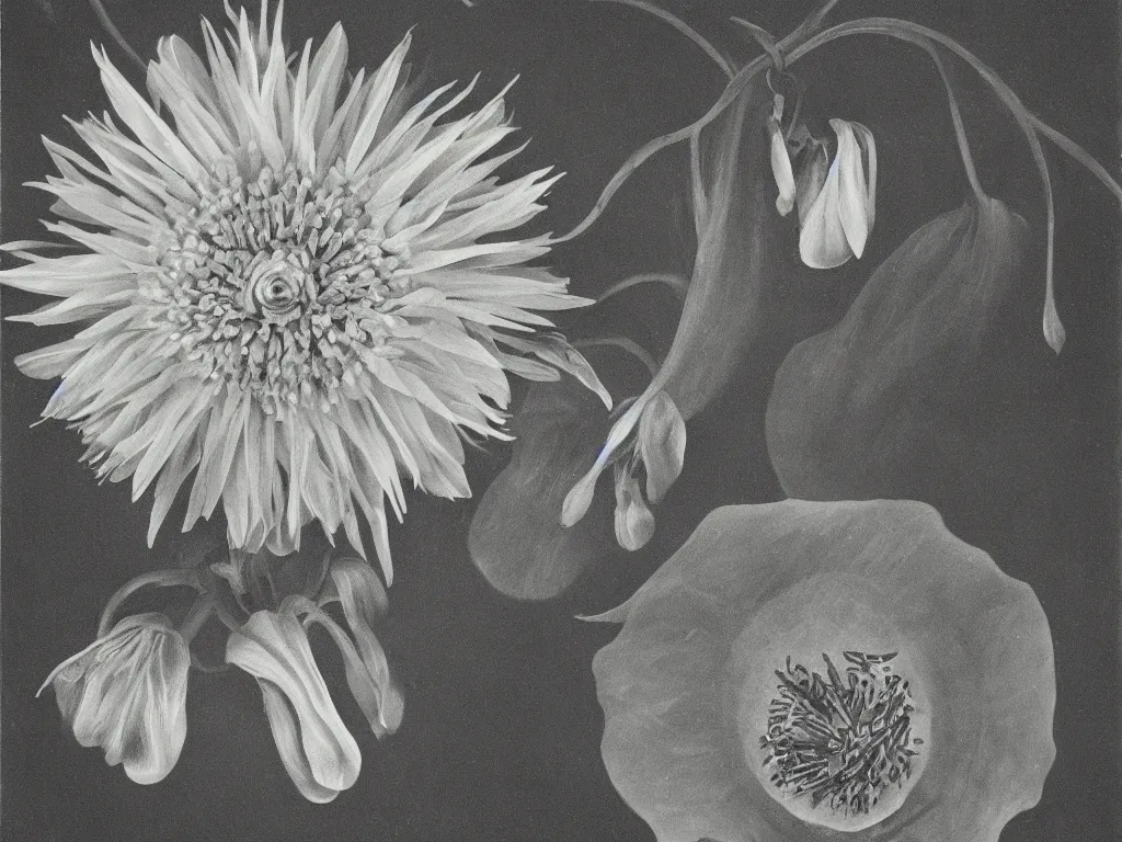 Prompt: The seed of a mammal in a water flower. Colored painting by Georgia O'Keefe, Karl Blossfeldt, Bekinski