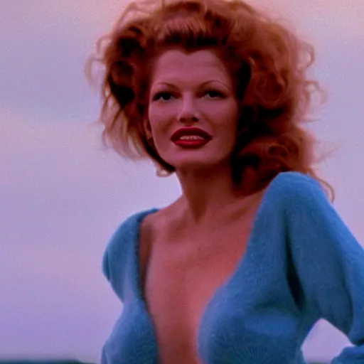 Prompt: natural 8 k shot from a 2 0 0 5 romantic comedy by sam mendes of rita hayworth with natural face, freckles, natural skin, beauty spots and very small lips. she stands and looks on the horizon with winds moving her hair. fuzzy blue sky in the background. small details, natural lighting, 2 4 mm lenses, sharp focus