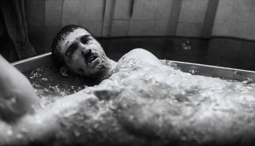 Image similar to hyper detailed movie still of marat knife at the chest, in a bath flooded with blood, cinestill 8 0 0 t 3 5 mm, high quality, heavy grain, high detail, cinematic composition, dramatic light, anamorphic, ultra wide lens, hyperrealistic, by josef sudek