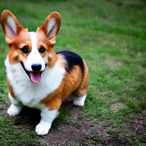 Image similar to A corgi wearing jeans. Nature photography.