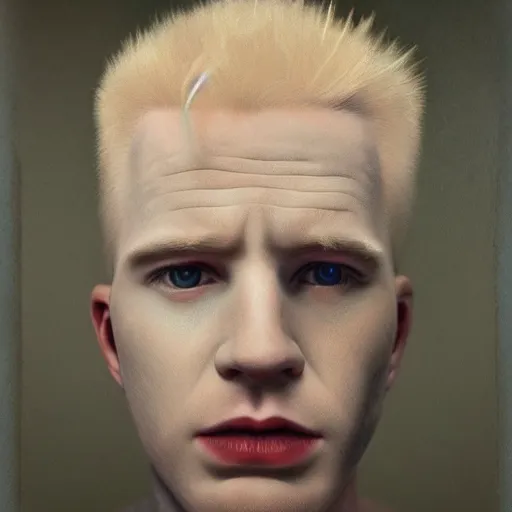 Image similar to realistic expired kodak film portrait of albino chris evans, hyperrealism, photorealistic, detailed, atmospheric, 8 k, award winning photography, cinematic