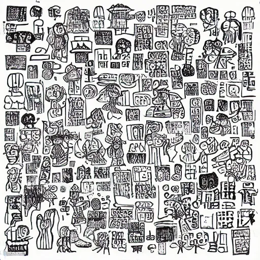 Image similar to black and white composition of a variety of doodles, drawings, faces, symbols, cartoons, lineart, chinese ink brush