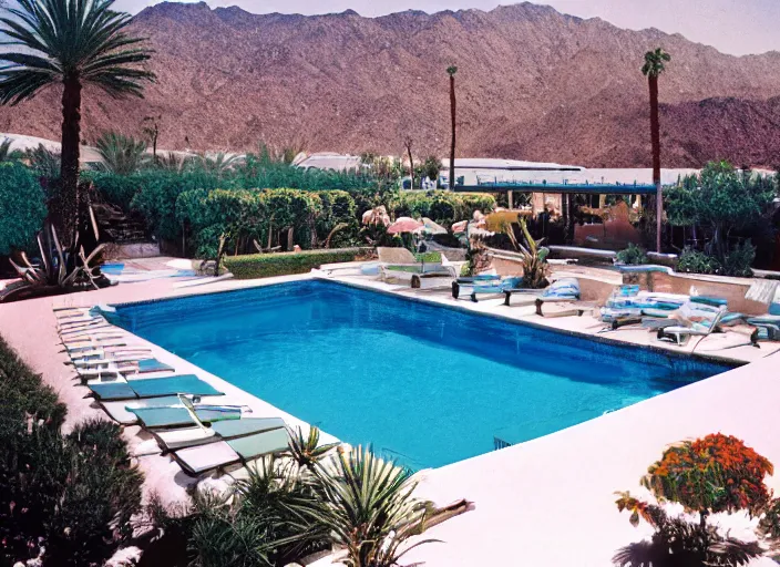 Prompt: a detailed photograph of a palm springs backyard pool in the 1 9 7 0 s by slim aarons, photoreal, 4 k, mist