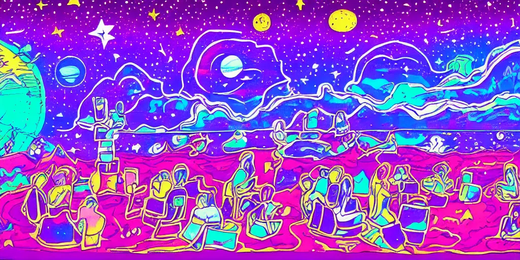 Prompt: twelve astronauts sitting by the river with a big holiday cake + psychedelic vegetation + purple, pink, blue + planets and stars + mystical fog, super detail, high quality