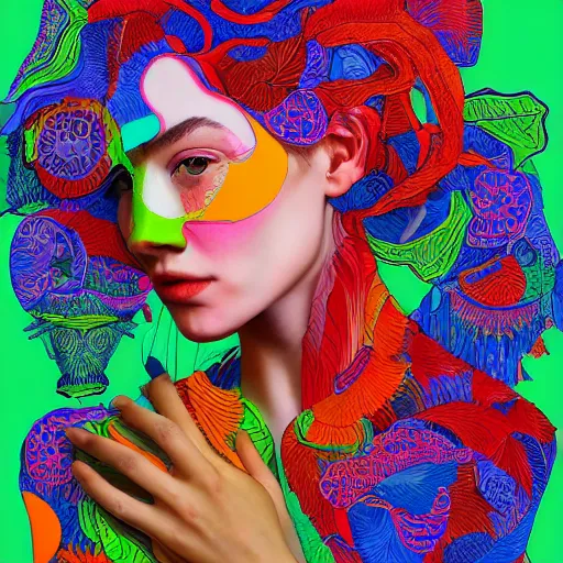 Image similar to the portrait of a beautiful young woman partially made up of bell peppers of all colors, an ultrafine detailed illustration by james jean, intricate linework, bright colors, final fantasy, behance contest winner, vanitas, angular, altermodern, unreal engine 5 highly rendered, global illumination, radiant light, detailed and intricate environment