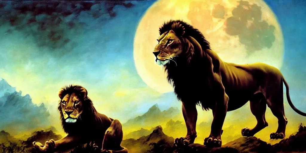 Prompt: by frazetta , panoramic close up of realistic lion as barbarian hunter with human body and chest armor, full body backlight ,top light ,full body portrait ,highly textured oil painting ,jungle ,cyan graveyard with backlight from the moon ,foggy background ,with dramatic sky ,clouds and giant oversized moon and storm