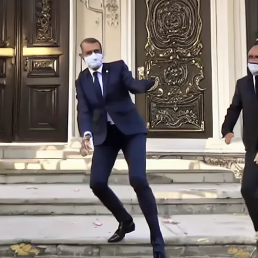 Prompt: emmanuel macron dance on his home, meme, news footage