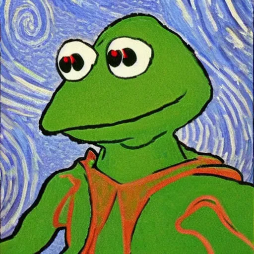 Prompt: Kermit the Frog, Van Gogh portrait, painting, detailed, visible brush strokes