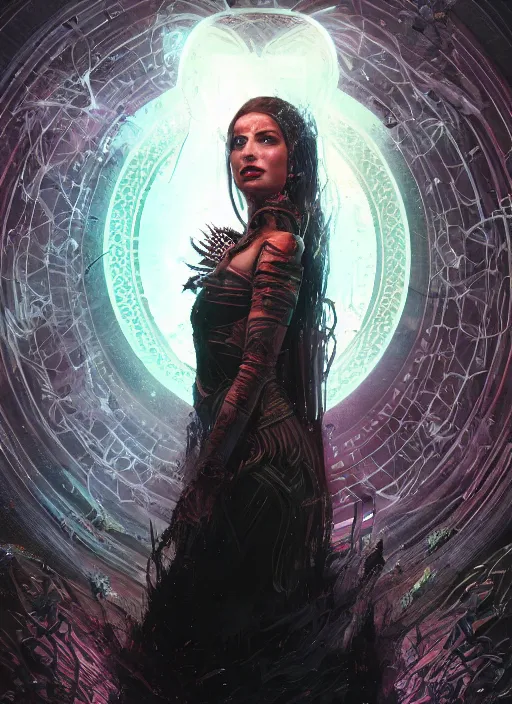 Image similar to portrait, queen of death, glowing halo, mandala, bokeh on background, dramatic lighting, cinematic, establishing shot, extremly high detail, foto realistic, cinematic lighting, post processed, concept art, artstation, matte painting, style by eddie mendoza, raphael lacoste, alex ross. 3d. octane render. by Tooth Wu and wlop and beeple and dan mumford