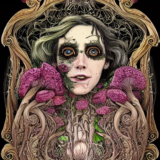 Image similar to a beautiful detailed front view portrait of a rotten woman corpse with fractal plants and fractal flowers and mushrooms growing around, symmetrical, ornate, ornamentation, illustration, in the style of art nouveau