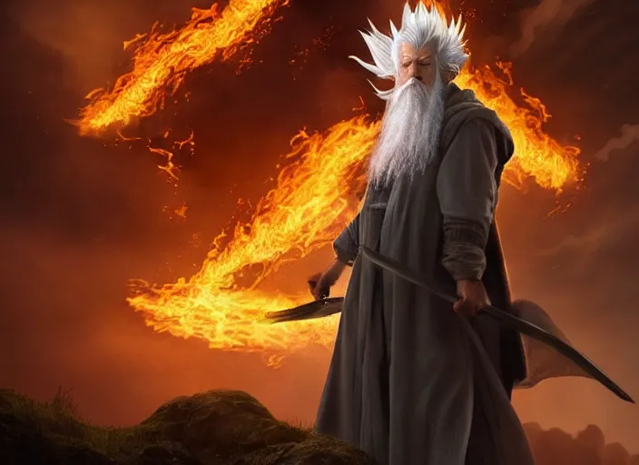 Image similar to gandalf going super saiyan around flames, beautiful landscape, dramatic lighting, cinematic, establishing shot, night time, heavy rain, extremly high detail, photorealistic, cinematic lighting, epic fight scene, post processed, concept art, artstation, matte painting, style by greg rutkowsky