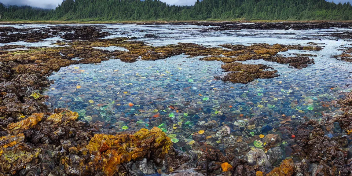 Prompt: Brackish tidepools in rural Alaska, various sea creatures. Tide pools in cold Pacific water, anemones, nudibranches, sea stars, limpets, mussels, clams, crabs, lobsters. Rocky mountainous area, small beach leading up to the tide pool. Firs in the vicinity. Trending on Artstation, deviantart, worth1000. By Greg Rutkowski. National Geographic and iNaturalist HD photographs