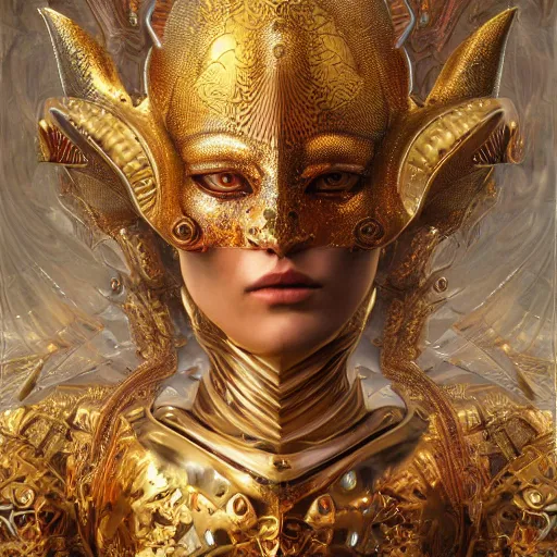 Prompt: a beautiful symmetrical body wearing an armor made of golden ornaments and gems by alex gray and android jones , Karol Bak, Ayami Kojima, Amano , 3D, 8k resolution