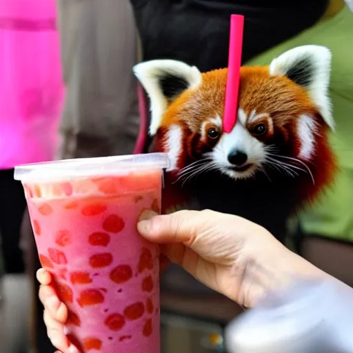 Prompt: red panda drinks bubble tea