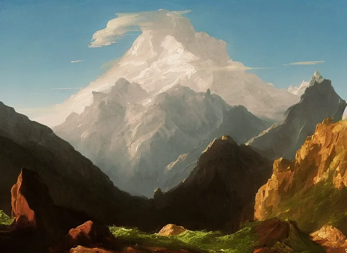 Image similar to painting of a modern minimalist sculpture in front of beautiful mountains by thomas cole