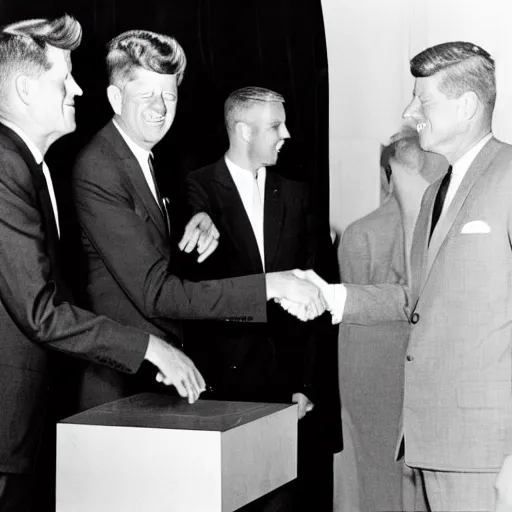 Image similar to a black and white photo of president kennedy shaking hands with a 1 9 5 0 s space alien