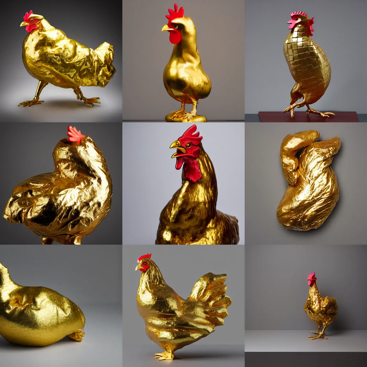 Prompt: product photo of a sculpture of chicken wrapped in shiny gold, studio lighting ,photorealism