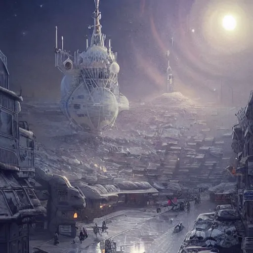 Image similar to It’s crowded streets of Russian Khrushyovkas sleeping quarters on the Moon city, Norilsk, sci-fi, fantasy, intricate, very very beautiful, elegant, highly detailed composition, digital painting, artstation, concept art, smooth, sharp focus, illustration, art by artgerm and greg rutkowski and alphonse mucha