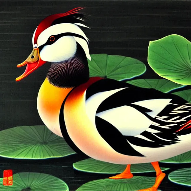 Image similar to a beautiful painting the mandarin duck in the lotus, by zhang daqian painting
