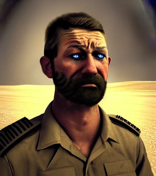 Image similar to portrait of muscular, tired and alcoholic 3 0 - year - old grieving man with short darkblonde hair, serious sad look in his eyes, looking down, dirty beard, blue eyes, crying tears, wearing dirty soldier uniform, on the desert, sad atmosphere, hyper realistic face, character art, art by mark brooks, cryengine, trending on artstation, digital art