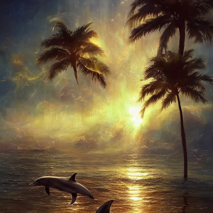 Image similar to dolphins swimming, golden hour, god rays, dreamscape by artgerm and ruan jia and ismail inceoglu and greg olsen, cosmos, milky way galaxy, masterpiece, beautiful, intricate, elegant, highly detailed, palm trees